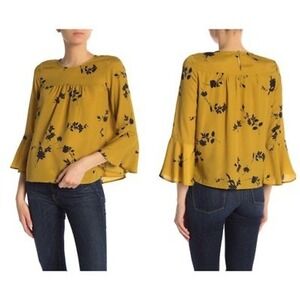 Joie Floral Boho Blouse Womens Large Mustard Yellow Bell Sleeve Flowy Top‎